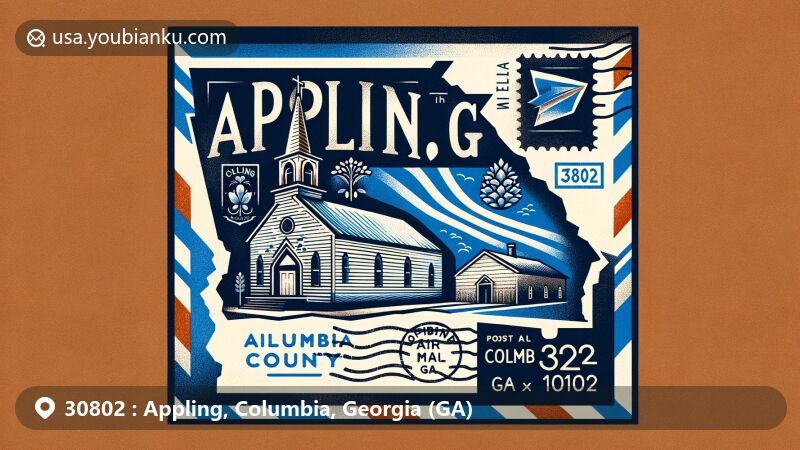 Modern illustration of Appling, Columbia County, Georgia, displaying rural charm with vintage postal elements, featuring Old Kiokee Church, a Southern Baptist landmark, and 'Appling, GA' postal details.