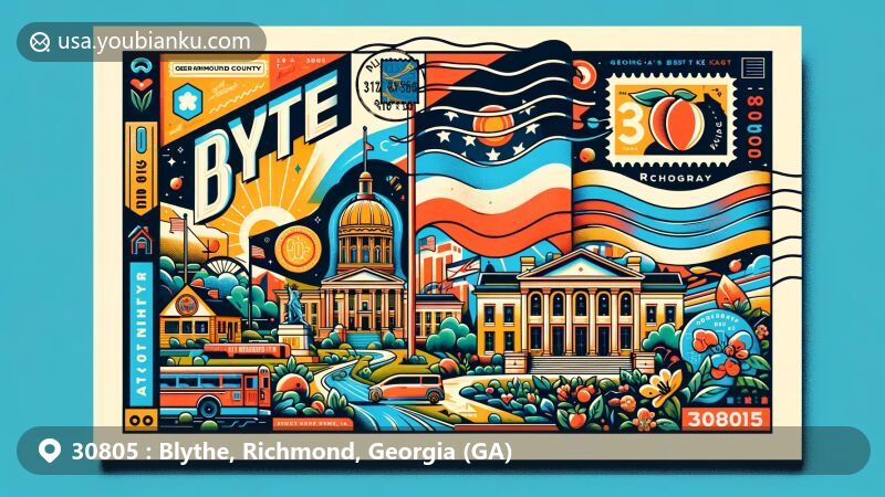 Modern illustration of Blythe, Richmond County, Georgia, showcasing postal theme with ZIP code 30805, featuring Georgia's state elements and local landmarks.