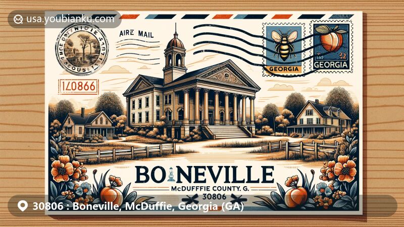 Modern illustration of Boneville, McDuffie County, Georgia, showcasing historic architecture styles like Greek Revival, Italianate, and Bungalow/Craftsman in the Boneville Historic District. Includes vintage air mail envelope design with Georgia state symbols: peach, live oak, honeybee, and ZIP code 30806.