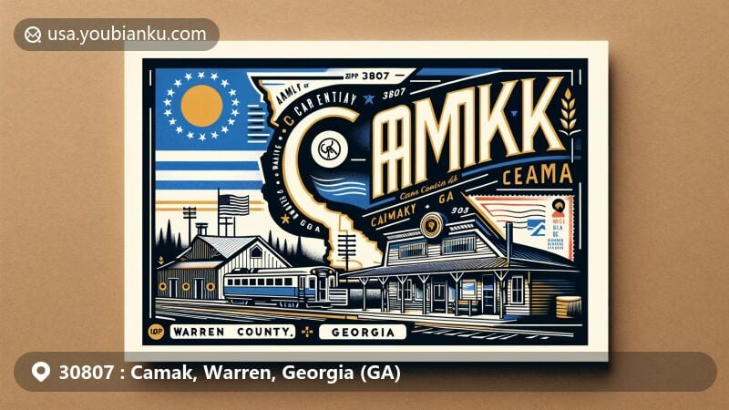 Modern illustration of Camak, Warren County, Georgia, featuring a stylized postcard design with a small town atmosphere and historical railroad elements, incorporating the Georgia state flag, Warren County map outline, vintage postal theme, and ZIP code 30807.