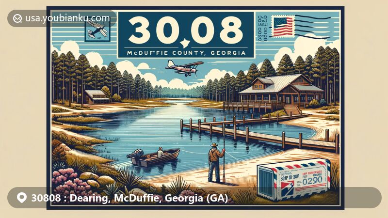 Modern illustration of Dearing, McDuffie County, Georgia, showcasing McDuffie Public Fishing Area with longleaf pines and sandy soils, featuring aviation-themed postage stamp symbolizing connectivity and communication.