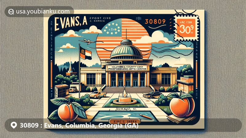 Modern illustration of Evans, Columbia County, Georgia, showcasing postal theme with ZIP code 30809, featuring the Columbia County Performing Arts Center and Georgia state symbols.