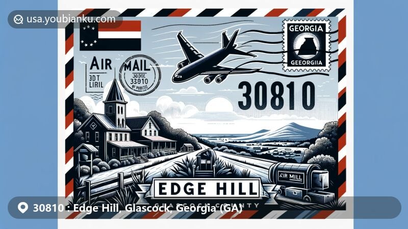 Modern illustration of Edge Hill, Georgia, featuring air mail envelope against scenic backdrop of Glascock County, showcasing '30810' ZIP code, Georgia state flag, postage stamp, and postal mark.