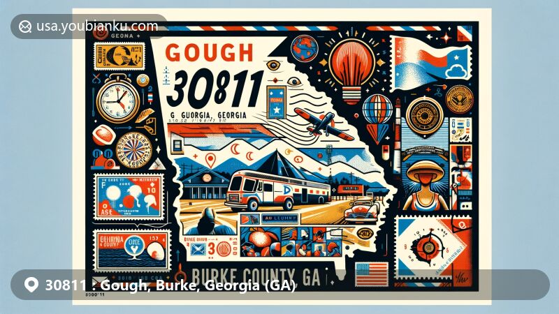Modern illustration of Gough, Burke County, Georgia, featuring postal theme with ZIP code 30811, incorporating Georgia's state symbols, and highlighting cultural diversity.