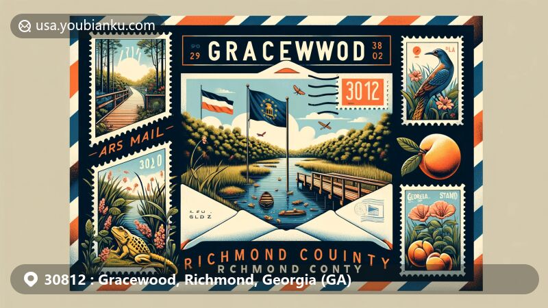 Modern illustration of Gracewood, Richmond County, Georgia, featuring postal theme with ZIP code 30812, showcasing Phinizy Swamp Nature Park with boardwalks and wildlife, Georgia state flag in the background.