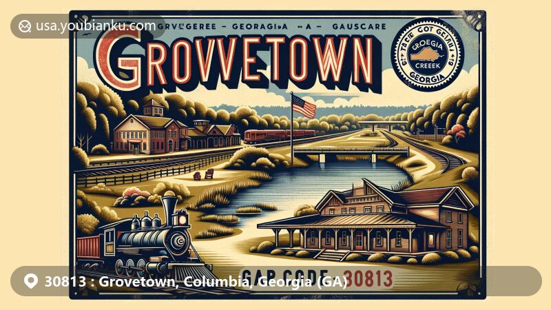 Vintage-style postcard illustration of Grovetown, Georgia, with ZIP code 30813, featuring Euchee Creek Park, old railroad depot, and serene landscapes.