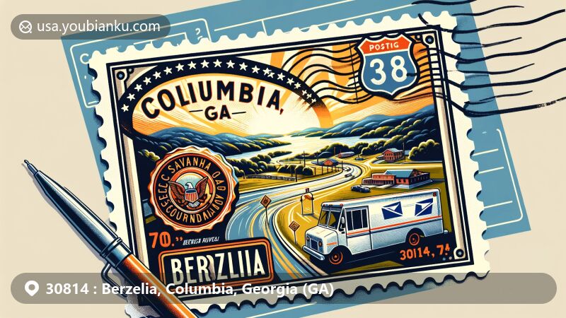 Modern illustration capturing the essence of Berzelia, Columbia, Georgia (GA), with a custom postal stamp themed around ZIP code 30814, featuring Columbia County outline, Savannah River symbols, and a vintage mail truck.