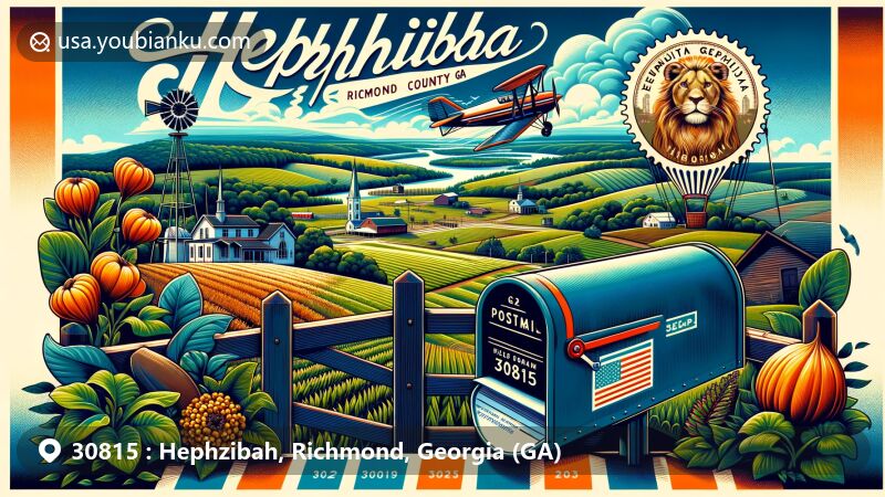 Modern illustration of Hephzibah, Richmond County, Georgia, highlighting ZIP code 30815 with airmail envelope and Georgia postage stamp, alongside traditional mailbox, set against backdrop of rural charm and local landmarks.