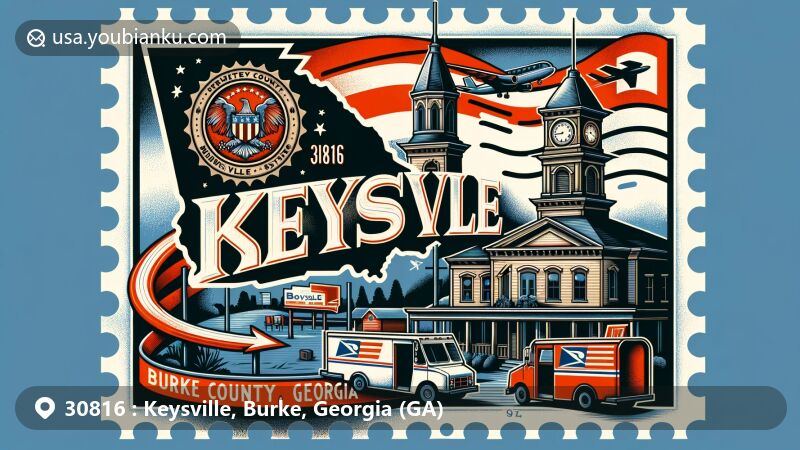 Modern illustration of Keysville, Burke County, Georgia, combining postal elements with Georgia state flag and landmarks, styled as air mail envelope with postal truck and mailbox.