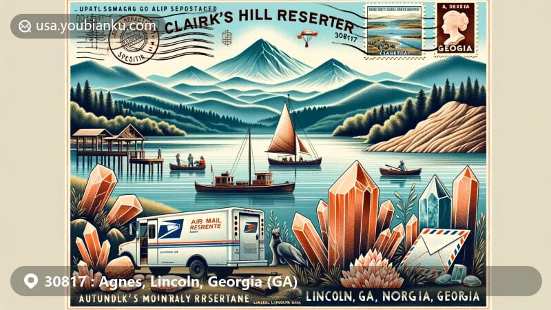 Modern illustration of Lincoln County, Georgia, blending natural beauty with postal elements, featuring Clark's Hill Reservoir and iconic symbols of Graves Mountain.