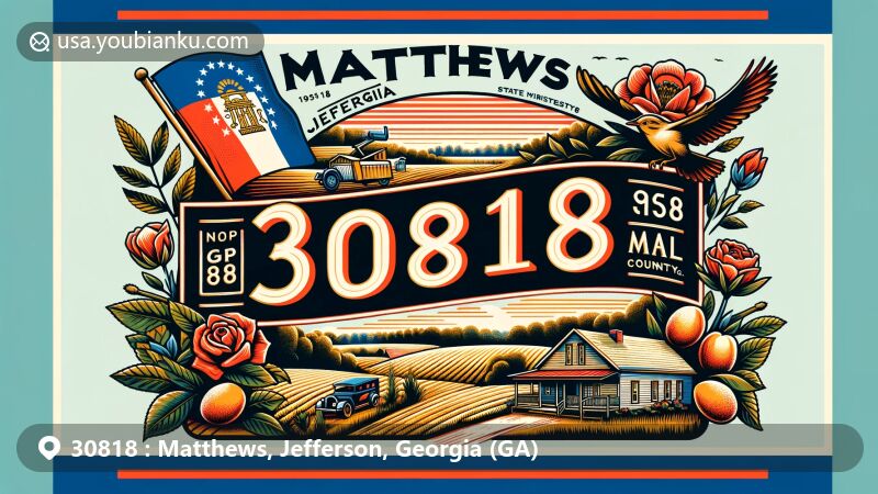 Modern illustration of Matthews, Jefferson County, Georgia, showcasing small-town charm and rural landscape, featuring Georgia state symbols like the state flag, Cherokee Rose, Brown Thrasher, and peaches. Includes postal elements and ZIP code 30818.