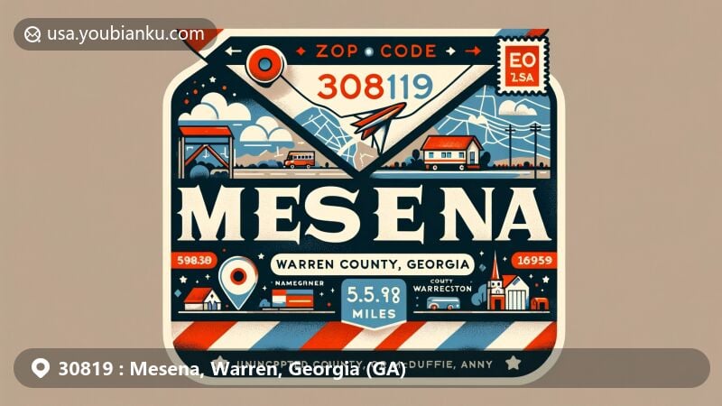 Modern illustration of Mesena, Warren County, Georgia, featuring airmail envelope with ZIP code 30819, showcasing unique community elements like unincorporated status near McDuffie County border and 5.5 miles northeast of Warrenton.