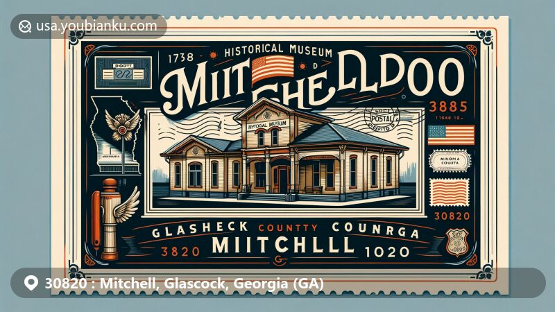 Modern illustration of Mitchell Depot Historical Museum in Mitchell area, Glascock County, Georgia, with a postcard theme, featuring Georgia state flag, outline of Glascock County, and postal elements.