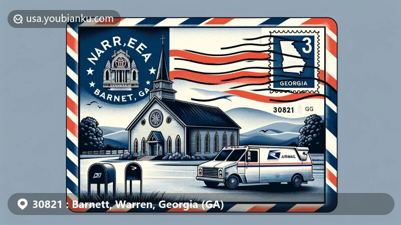 Modern illustration of Barnett, Georgia, with airmail envelope featuring Georgia state flag and Warren County. Depicts historic church silhouette representing Barnett's cultural depth, alongside traditional mailbox and postal van in rural landscape. Postmark reads '30821 Barnett, GA' with simulated date, blending regional and postal themes.