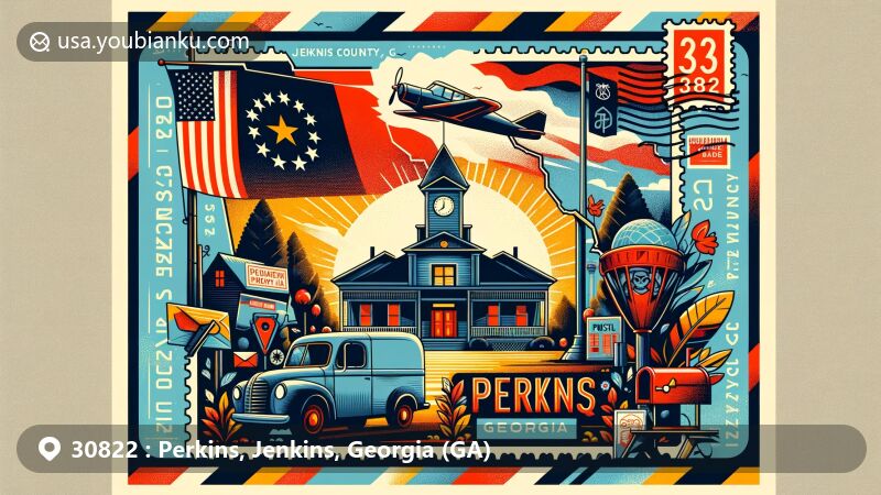 Modern illustration of Perkins, Jenkins County, Georgia, showcasing postal theme with ZIP code 30822, featuring Georgia state flag, Jenkins County silhouette, local landmarks, and cultural symbols.