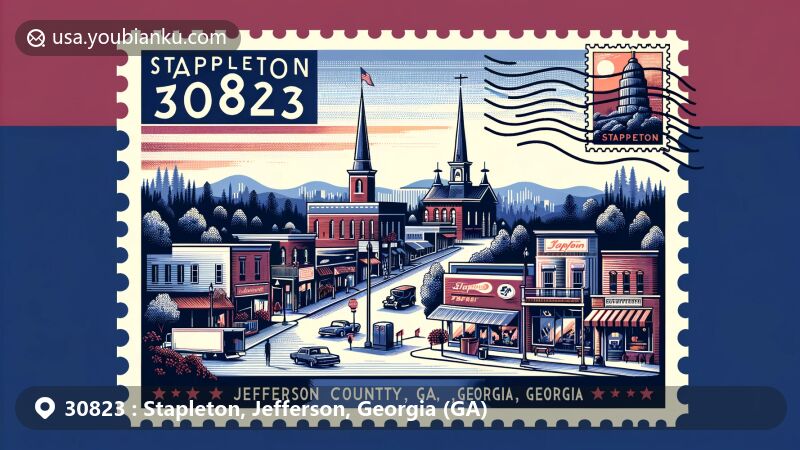 Modern illustration of Stapleton, Jefferson County, Georgia, featuring ZIP code 30823, showcasing small-town charm and community spirit, with local parks, historic downtown, and postal themes incorporated in postcard format.