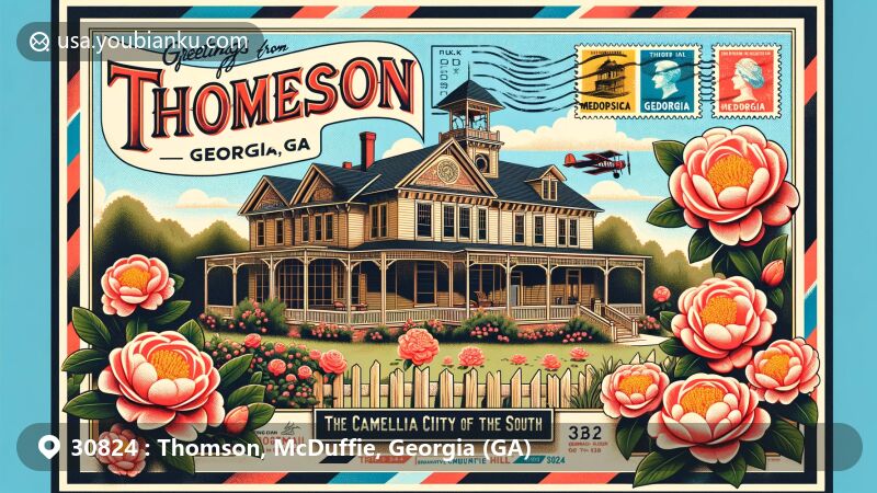 Vintage-style illustration of Thomson, Georgia, adorned with postal-themed elements and featuring the Rock House and Hickory Hill.