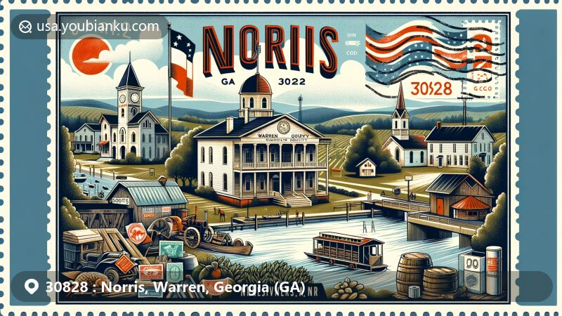 Modern illustration of Norris, Warren County, Georgia, inspired by its history and culture, featuring Warren County Courthouse, Ogeechee River Mill, and Knox Theatre, with motifs of rural life and scenic beauty, set in a postcard layout with vintage postal elements and Georgia state flag.