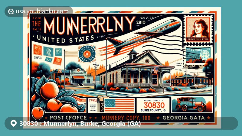 Modern illustration of Munnerlyn, Burke County, Georgia, showcasing historical postal theme with ZIP code 30830, featuring the post office operation from 1880 to 1960, Burke County Museum, and Georgia state symbols.