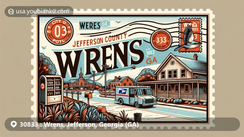 Modern illustration of Wrens, Jefferson County, Georgia, featuring postal theme with ZIP code 30833, showcasing local landmarks and vibrant community life.