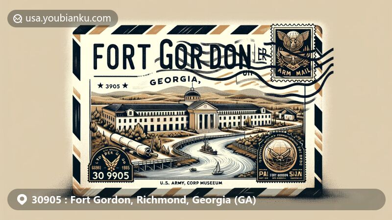 Modern illustration of Fort Gordon, Richmond County, Georgia, featuring U.S. Army Signal Corps Museum and Fort Gordon Reservoir, with a creative postal theme and vintage air mail envelope.