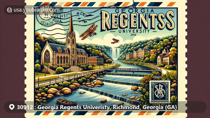 Modern illustration of Georgia Regents University area in Richmond, Georgia, featuring Riverwalk, Sacred Heart Cultural Center, Woodrow Wilson's home, Tallulah Falls, and vintage postcard design with postal elements.