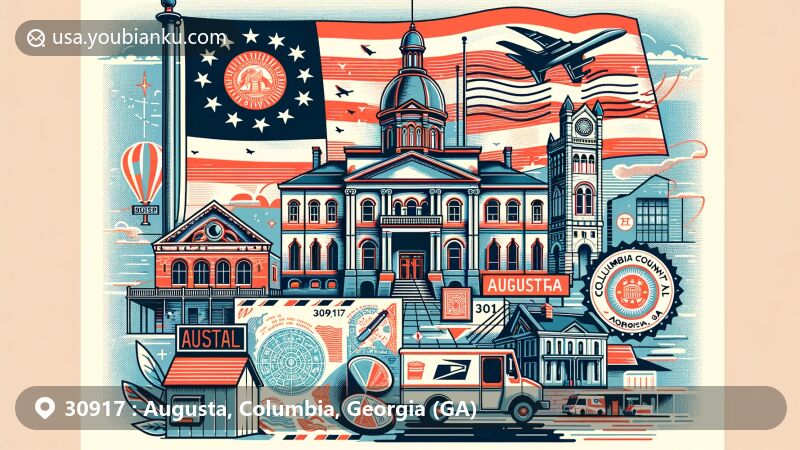 Modern illustration depicting Augusta and Columbia County, Georgia, with postal theme for ZIP code 30917, featuring Georgia state flag, Sacred Heart Cultural Center, Appling Courthouse, and postal elements like postcard outline, stamps, postmark, and mailbox.