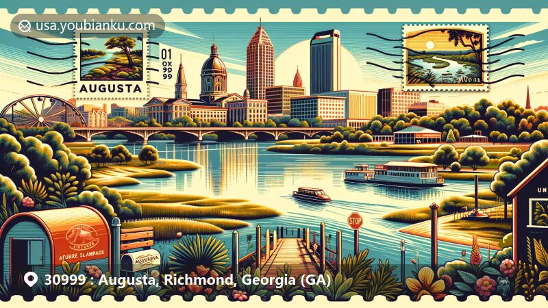 Modern illustration of Augusta, Georgia, resembling a postcard with Riverwalk, Phinizy Swamp Nature Park, and Augusta Canal National Heritage Area, featuring postal elements and ZIP Code 30999.