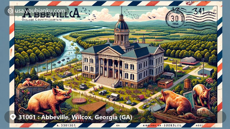 Modern illustration of Abbeville, Georgia, featuring Wilcox County Courthouse in Neoclassical Revival style, Ocmulgee River, lush landscapes, and Ocmulgee Wild Hog Festival elements, all framed in an airmail envelope with postal details.
