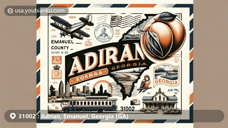 Modern illustration of Adrian, Emanuel County, Georgia, featuring vintage airmail envelope with landmarks, Georgia symbols like peach and state flag, and postal elements including ZIP code 31002.
