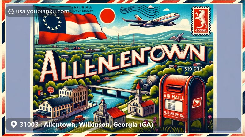 Modern illustration of Allentown, Georgia, showcasing postal theme with ZIP code 31003, featuring Georgia state flag, rural landscape, and creative postal elements.