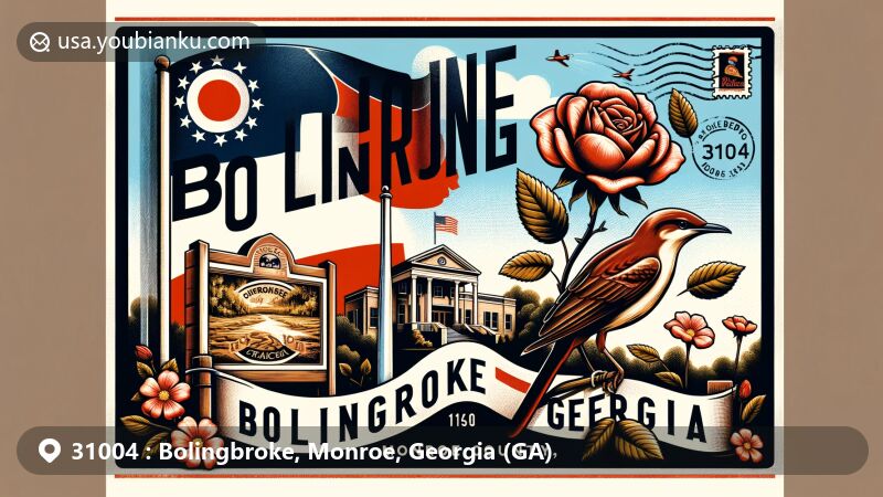 Modern illustration of Bolingbroke, Monroe, Georgia (GA), featuring Georgia's state flag, Cherokee rose, brown thrasher, and postal elements with ZIP code 31004.
