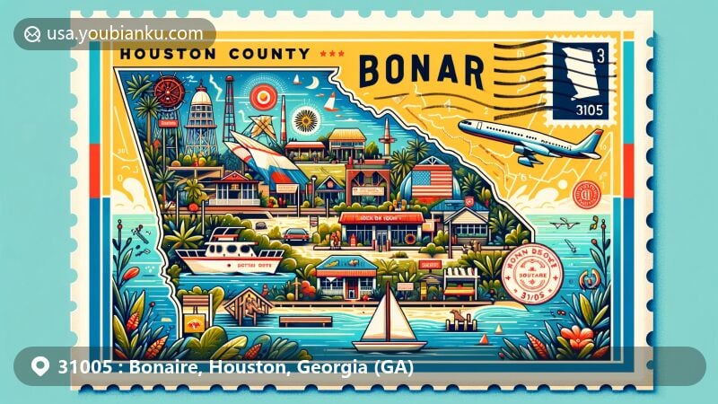 Modern illustration of Bonaire, Georgia, highlighting ZIP code 31005, with postcard-style design showcasing local culture, landmarks, and postal elements.