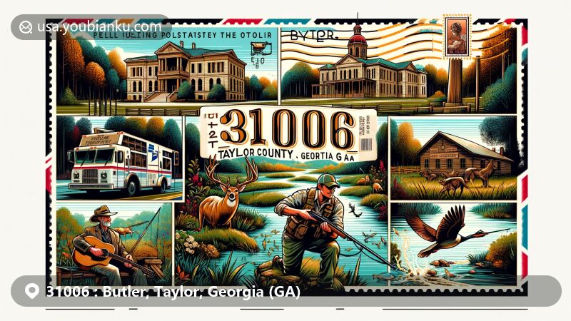 Vibrant illustration of ZIP Code 31006, Butler, Taylor County, Georgia, showcasing local landmarks and natural beauty in a postcard theme with postal elements.