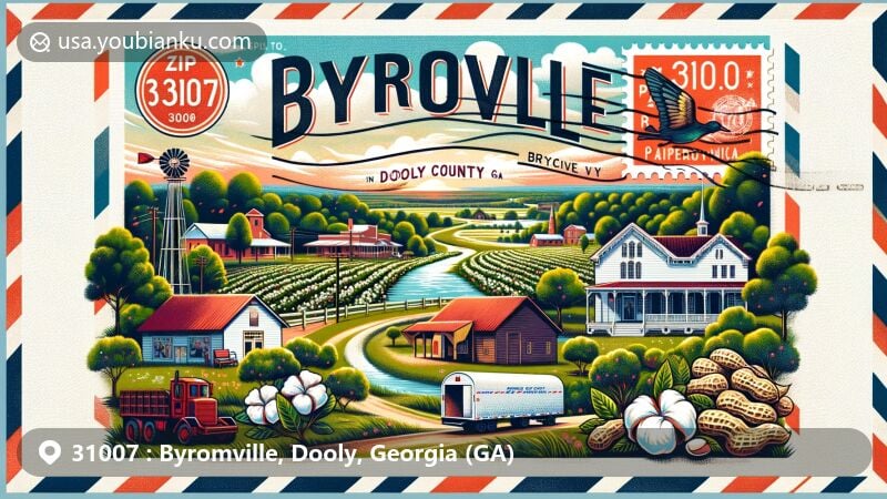 Modern illustration of Byromville, Dooly County, Georgia, showcasing rural community's green spaces, parks, historic sites, vibrant art scene, and agricultural legacy with cotton and peanuts. Integrated postal theme with vintage postcard design and ZIP code 31007.