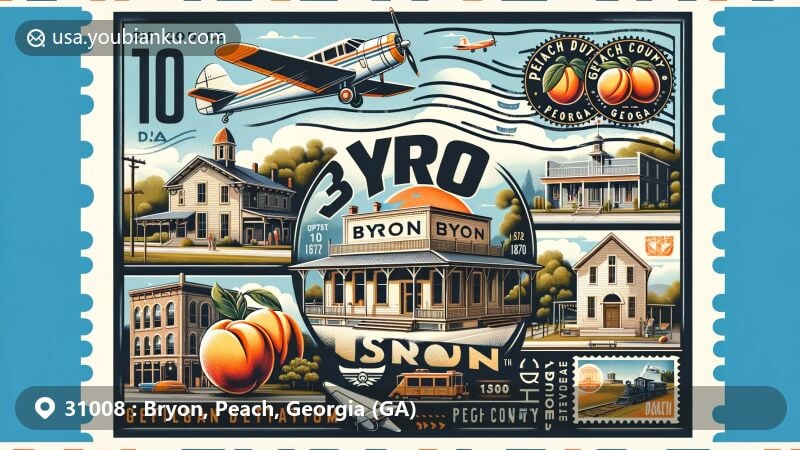 Modern illustration of Byron, Peach County, Georgia, featuring aviation-themed envelope symbolizing postal identity with standout ZIP code 31008. Highlighting local landmarks and cultural elements, including historic downtown with Byron Depot Museum and Caboose restored to 1870s charm, symbol of Georgia Peach Festival, and essence of small-town charm with elements like old homesteads, renovated jail, and Jailhouse Park. Background cleverly incorporates Georgia state flag and symbols, representing Peach County's sweet, hospitable Southern spirit. Vibrant colors and contemporary illustration style make the image visually striking and appealing.