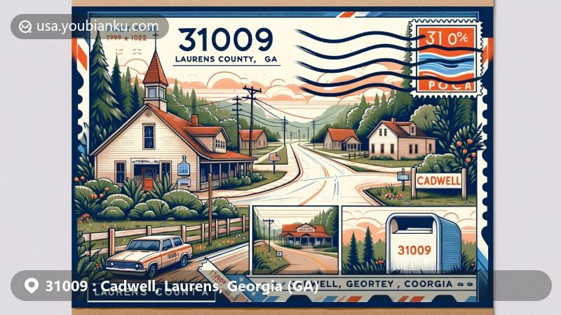 Modern illustration of Cadwell, Laurens County, Georgia, portraying rural lifestyle with ZIP code 31009, featuring local landscapes, community connections, and postal elements.