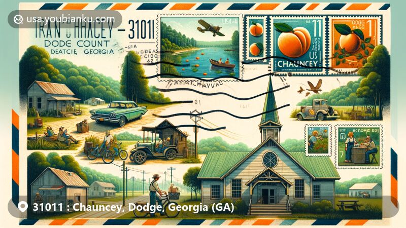 Modern illustration of Chauncey, Dodge County, Georgia, with ZIP code 31011, depicting rural charm and outdoor activities like hiking, fishing, biking, and camping. Featuring 'Peaches to the Beaches' Antique and Yard Sale, old Chauncey school, airmail envelope theme with US Highway 341 and Georgia-specific symbols.