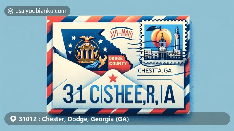 Modern illustration of Chester, Dodge County, Georgia, with airmail envelope, Georgia state flag elements, and peach symbol, featuring postmark '31012 Chester, GA'.