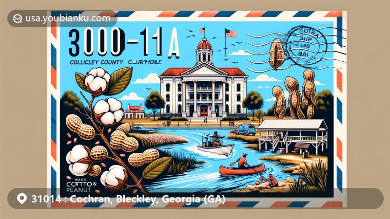 Modern illustration of Cochran, Georgia, showcasing postal theme with ZIP code 31014, featuring Bleckley County Courthouse, cotton and peanuts from Cochran-Bleckley Cotton & Peanut Museum, outdoor recreational activities, and the Ocmulgee River.