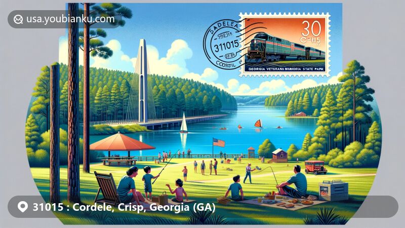 Modern illustration of Georgia Veterans Memorial State Park in Cordele, Georgia, with a family enjoying a picnic by Lake Blackshear, engaging in fishing and kayaking activities. Pine trees and a serene lake background add to the picturesque setting.