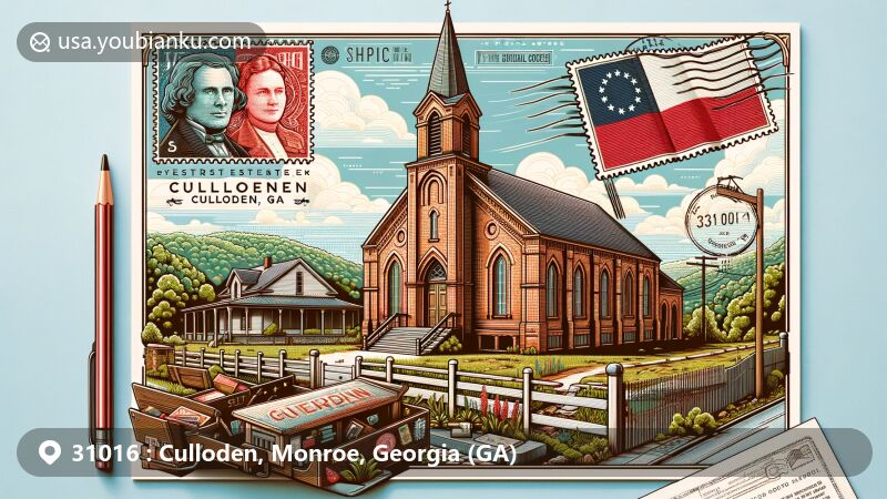 Historical illustration of Culloden, Georgia, featuring oldest brick Methodist church, serene landscape, and creatively designed postcard with Georgia state flag and postal elements.