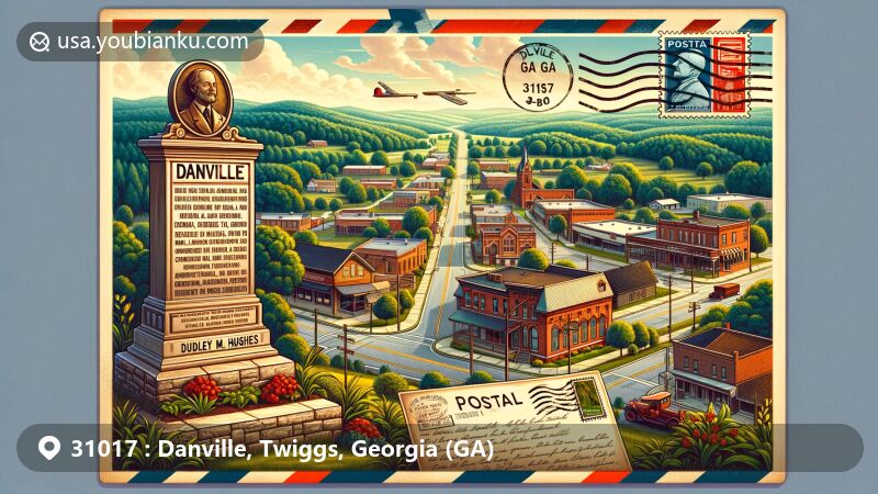 Modern illustration of Danville, Georgia, showcasing historic Dudley M. Hughes Marker, U.S. Route 80, and rural landscape, with vintage postcard design and postal theme.
