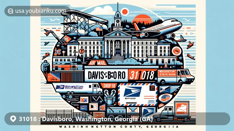 Modern illustration of Davisboro, Washington County, Georgia, showcasing postal theme with ZIP code 31018, featuring Washington State Prison and local landmarks.