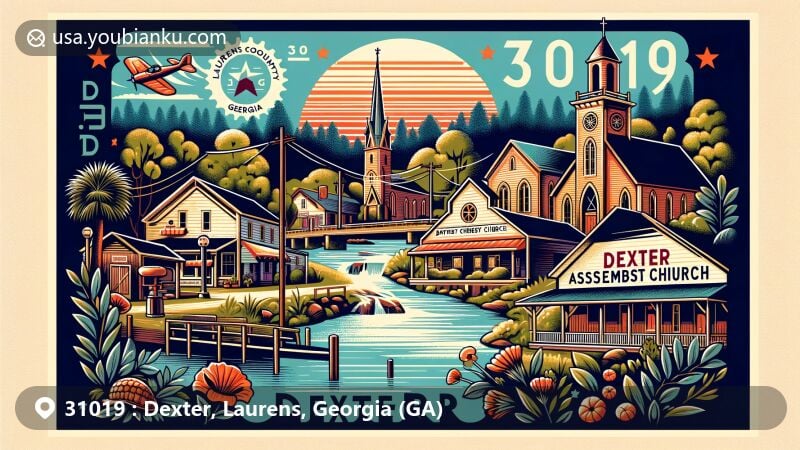 Vintage postcard style illustration of Dexter, Georgia in ZIP code 31019, featuring local landmarks like Dexter Assembly Church, Baptist Church, and Methodist Church, with Laurens County outline and Georgia state flag.