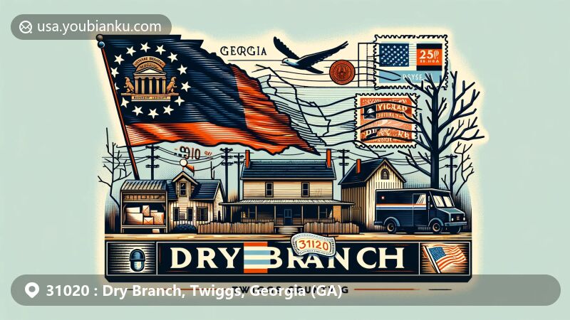 Modern illustration of Dry Branch, Twiggs County, Georgia, blending regional features with postal elements, highlighting state flag, Twiggs County outline, airmail envelope with '31020' ZIP code, stamps, postmarks, and American postal mailbox or mail van in foreground.