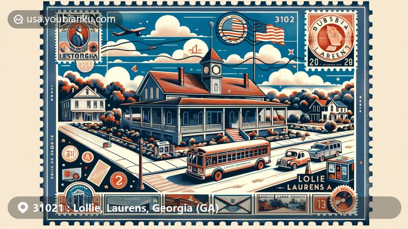 Modern illustration of Lollie, Laurens County, Georgia, depicting ZIP code 31021 with landmarks like Dublin-Laurens County Heritage Center and Dublin-Laurens Museum in a historic Carnegie Library building, celebrating the area's cultural heritage and postal theme.