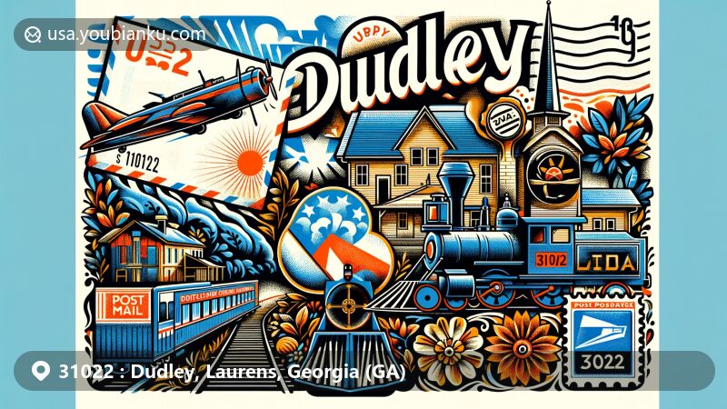 Modern illustration of Dudley, Georgia, blending pastoral charm with iconic postal elements, featuring a train symbolizing historical railroad connections and a vintage air mail envelope with ZIP Code 31022.