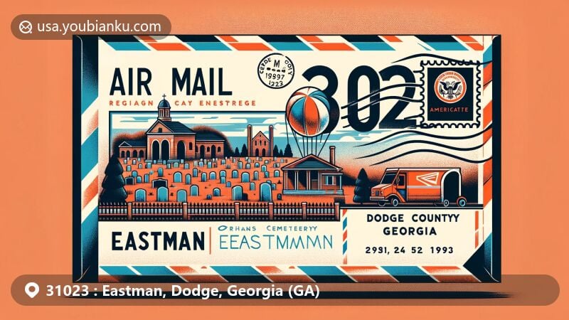 Modern illustration of Eastman, Dodge County, Georgia, featuring Orphans Cemetery, Dodge County outline, and Georgia state flag, all integrated with postal elements for ZIP code 31023.