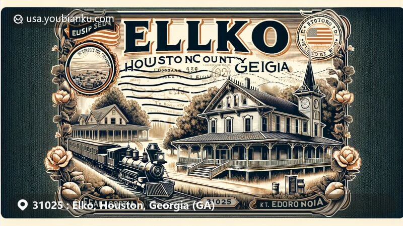 Modern illustration of Elko, Houston County, Georgia, with vintage postcard theme and iconic elements like classic railroad, Victorian houses, churches, and postal imagery.